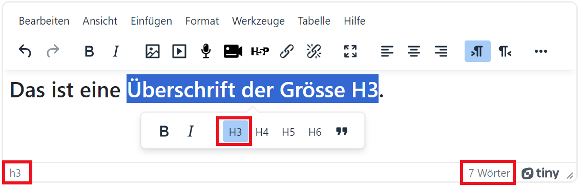 Bild des Tiny Editor mit markiertem Text und Formatierungsoptionen