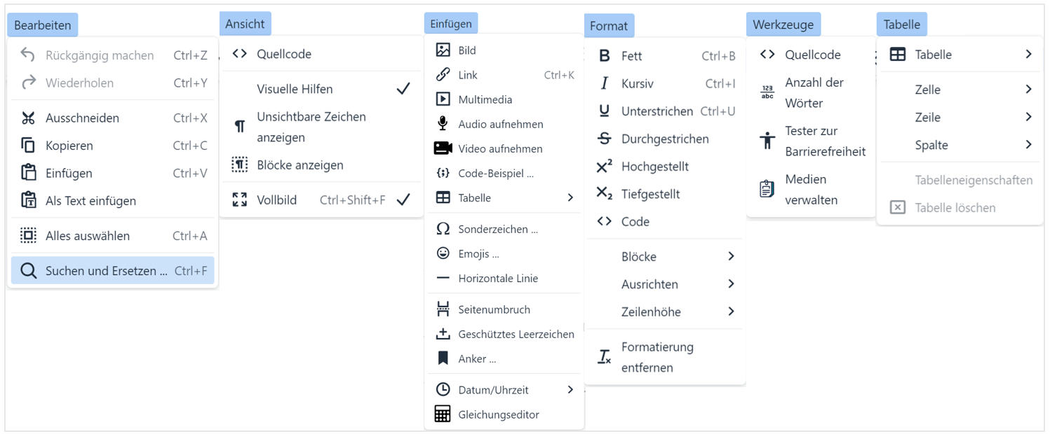 Alle Dropdownmenüs des TinyMCE im Überblick