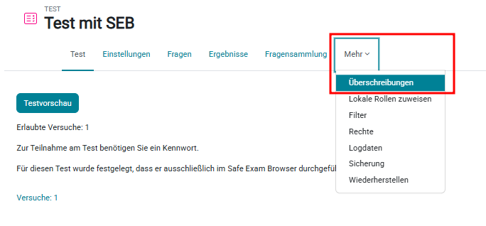 Testmenü mit dem Reiter 'Mehr' und der Option Überschreibung