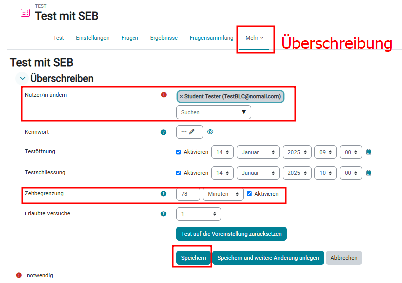 Im Überschreibungsfenster den Namen auswählen und die neue Zeit in Minuten eintragen und speichern.