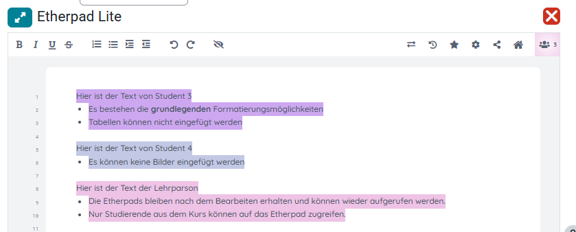 Bild eines Etherpad mit verscheidenen farbigen Schriftzügen, die von verschiedenen Personen erstellt wurden.