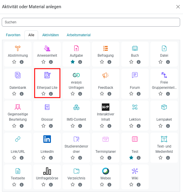 Aktivitätenauswahl zeigt Icons aller Aktivitäten. Das Icon Etherpad Lite ist hervorgehoben.