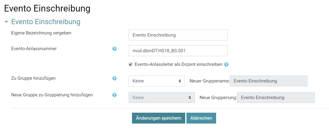 Evento Einschreibung Einstellungen