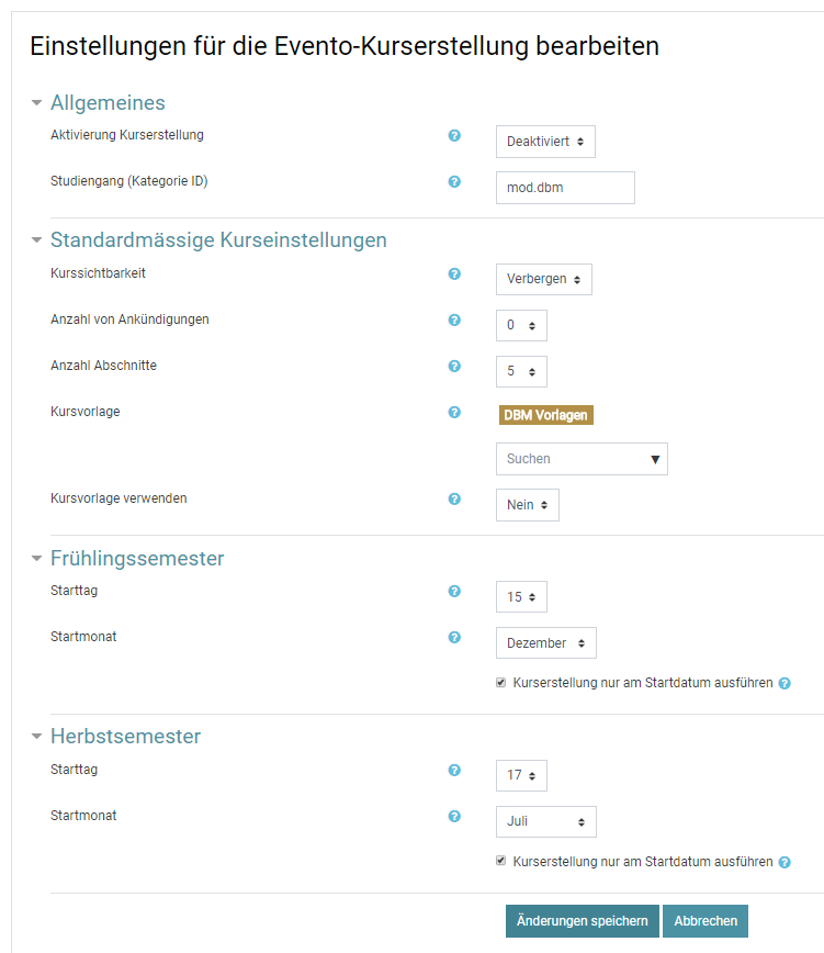 Evento Kurserstellung Einstellungen