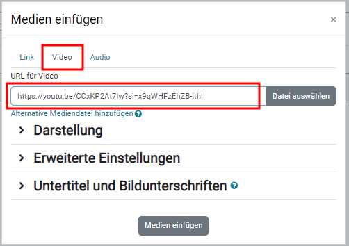 Bild des Video einbetten Dialogs