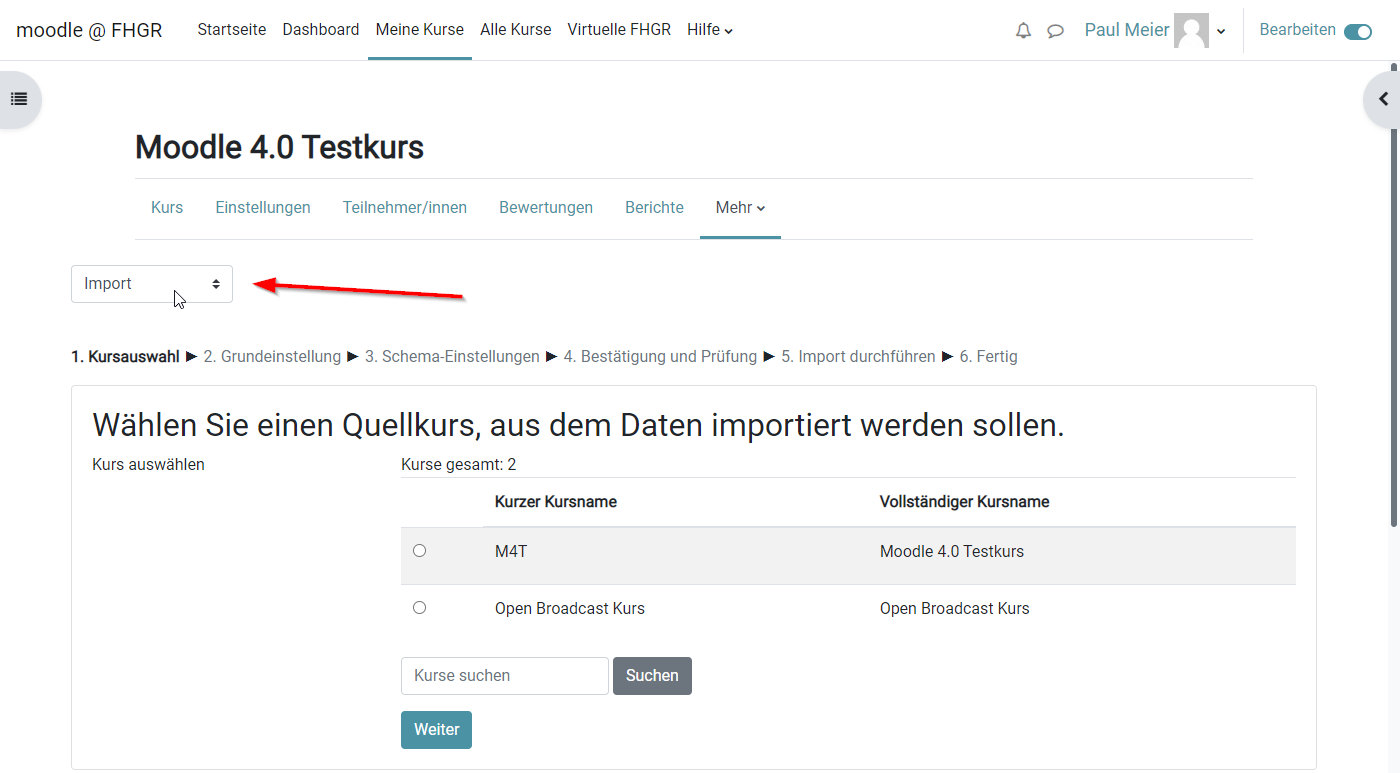 Moodle 4.0: Kurs importieren