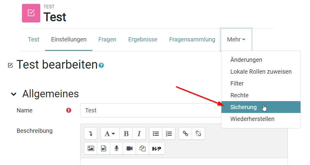 Moodle 4.0: Test sichern