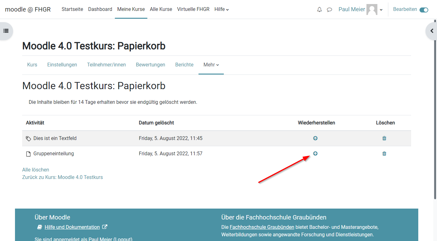 Moodle 4.0: Papierkorb - Wiederherstellen