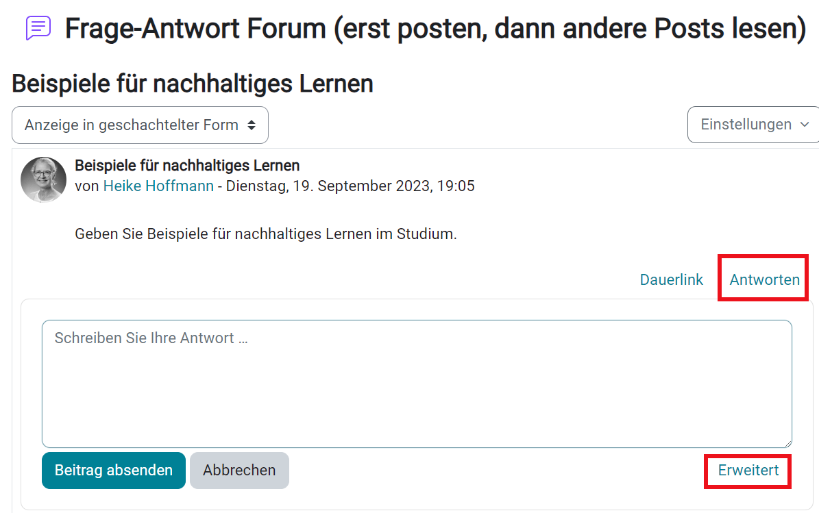 Im Frage-Antwort-Forum auf ein Thema antworten und Ansicht erweitern