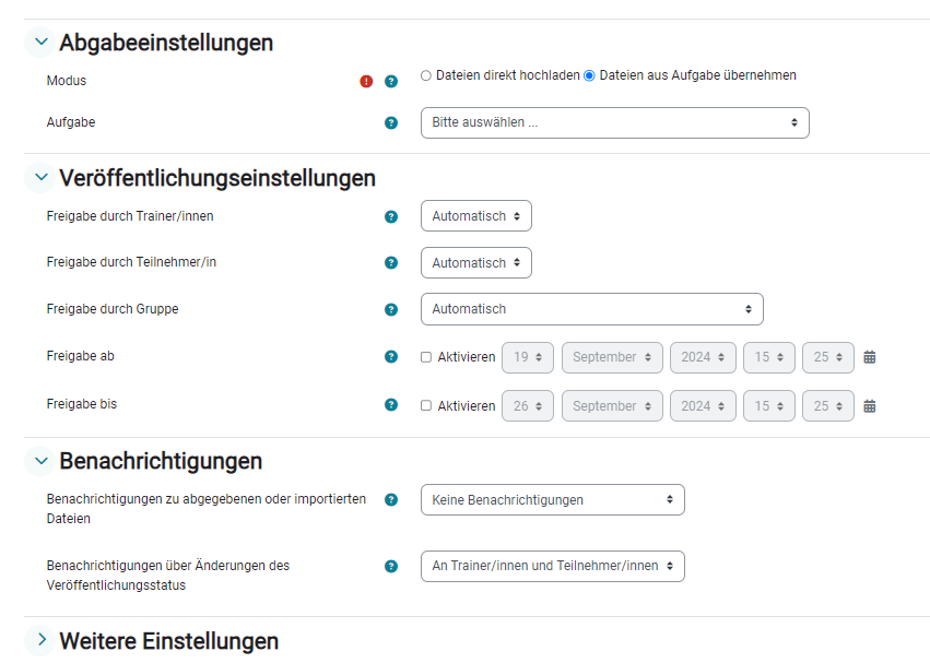 Einstellungen im Studierendenfolder