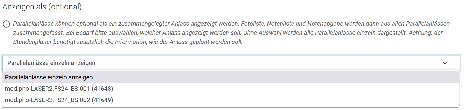 Auswahl von Anlass, der angezeigt wird