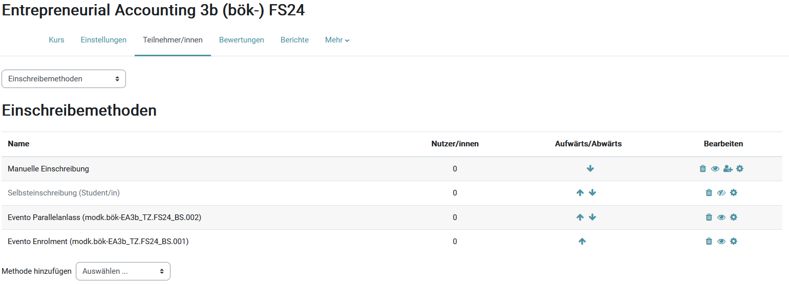 Moodle Ansicht von Parallelanlässen